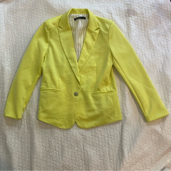 Zara Neon Yellow/Green Jacket Blazer Lightly Padded Shoulders Classic Colorful - Picture 2 of 8